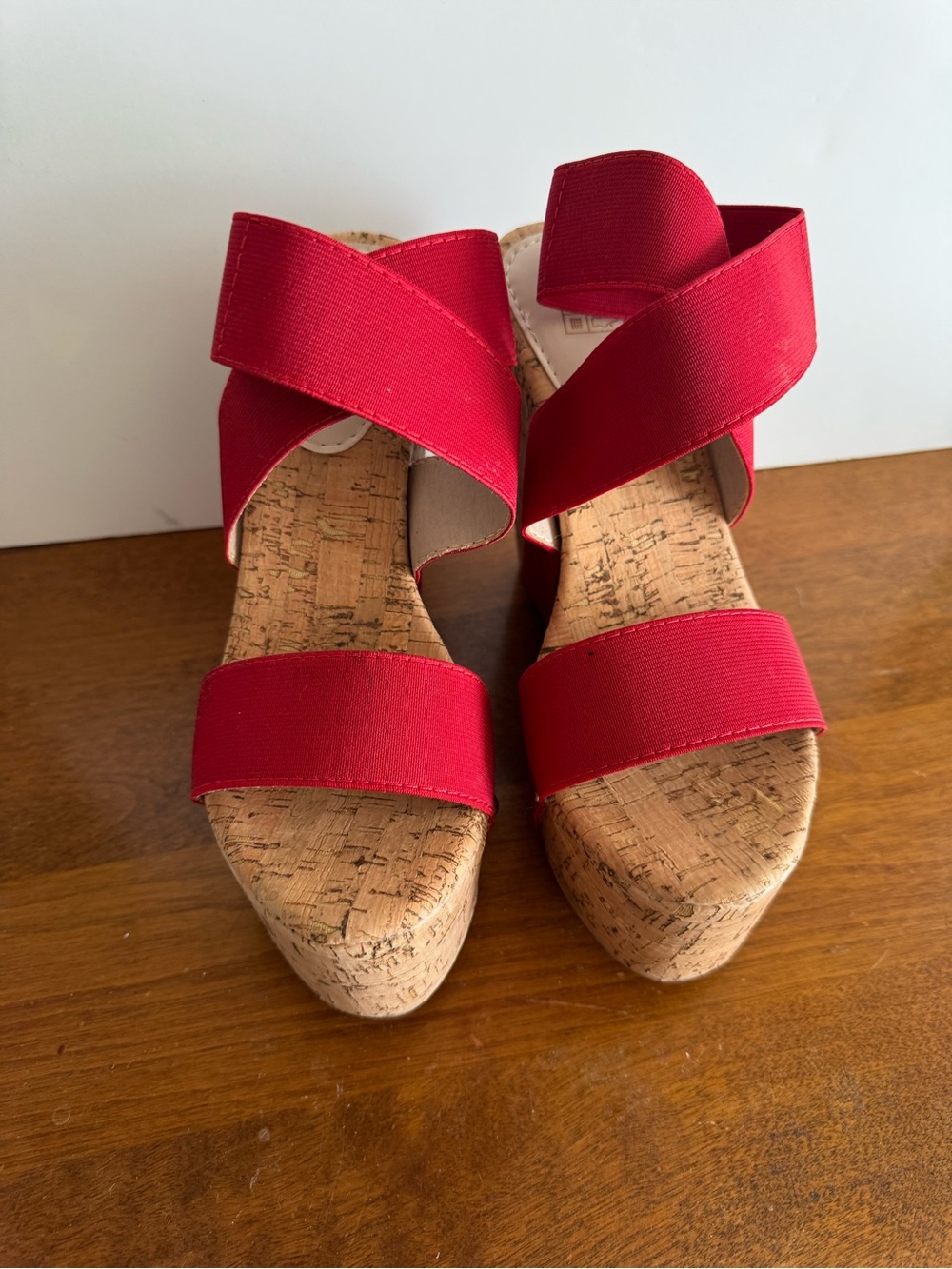 SHEIN Red Cork Espadrille Platform Wedge Sandals